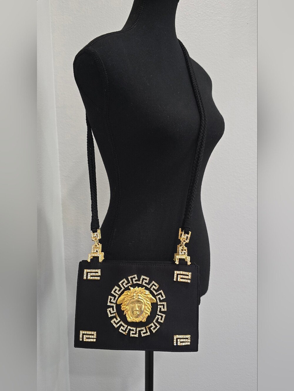 Rare Vintage 1992 Gianni Versace Couture Black Satin Rhinestone Medusa Bag